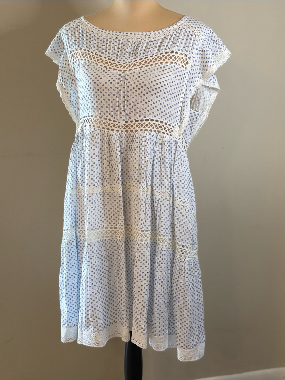 Free People ditsy floral lace trim midi dress blue white XS